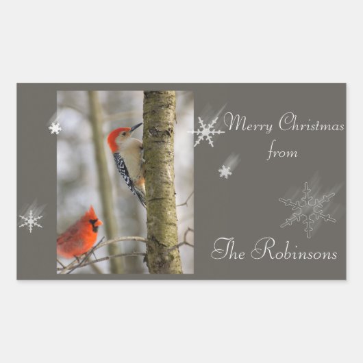 Rode Vogels Kardinaal Woodpecker Sneeuwvlok Kerstm Rechthoekige Sticker (Voorkant)