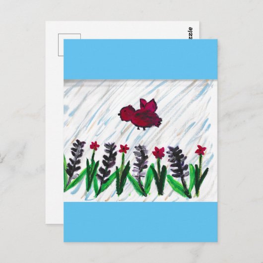 Rode vogels lavendelbloemen briefkaart (Voorkant / Achterkant)