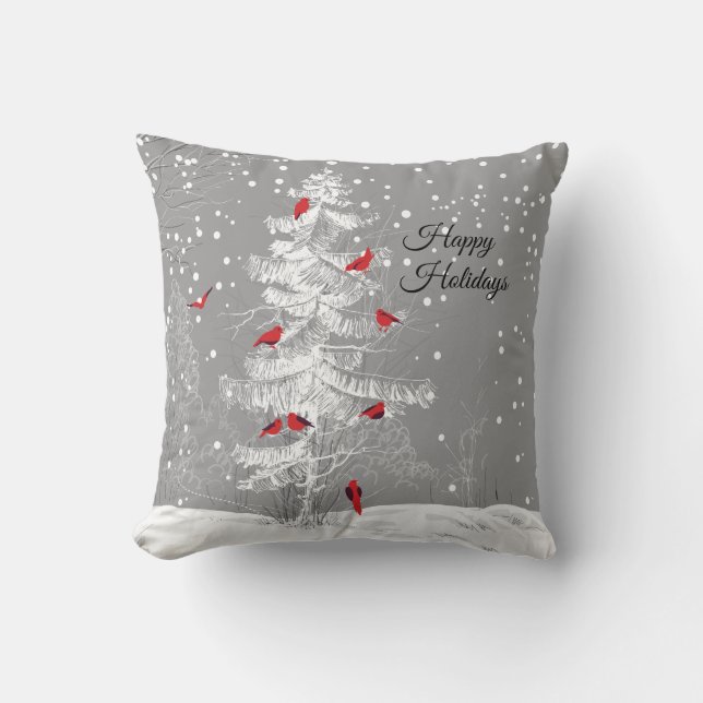 Rode vogels, witte kerst kussen (Voorkant)