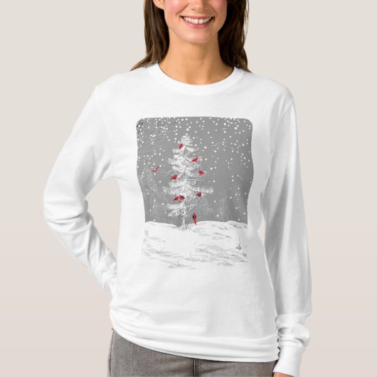 Rode vogels, witte kerst t-shirt (Voorkant)