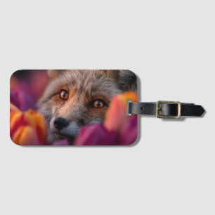 Rode Vos die gluurt door Roze en Oranje Tulpen Bagagelabel