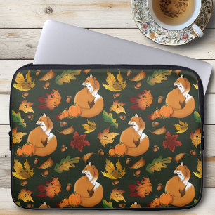 Rode Vos Herfstbladeren Eikels Groen Patroon Laptop Sleeve