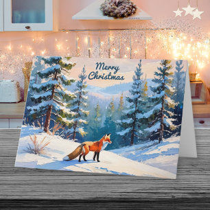Rode Vos in Sneeuw Winterlandschap Prettig Kerstfe Feestdagen Kaart