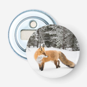 Rode vos in witte sneeuw button flesopener