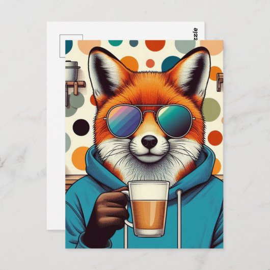 Rode vos in zonnebril met een koffie briefkaart (Voorkant / Achterkant)