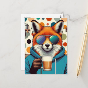 Rode vos in zonnebril met een koffie briefkaart