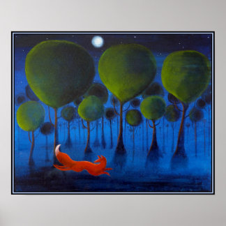 Rode vos met bomen in de nacht. poster