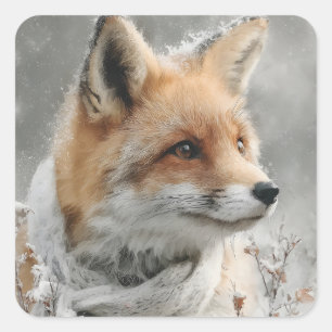 Rode Vos met een Gebreide Sjaal in een Besneeuwde  Vierkante Sticker