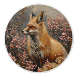 Rode vos met roze wilde bloemen schilderij keramische knop