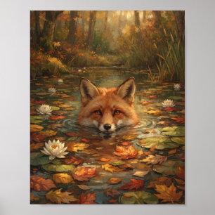 Rode Vos Zwemt Herfst Vijver Waterlelie Botanisch  Poster
