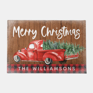  Rode Vrachtwagen Buffalo Plaid Wood Familienaam Deurmat