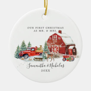 Rode vrachtwagen Eerste kerst als mijnheer & mev Keramisch Ornament
