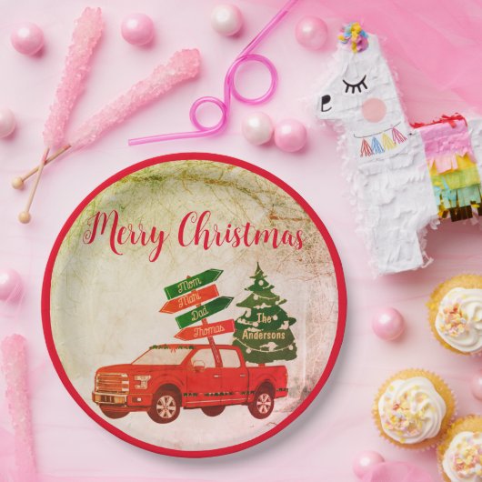 Rode Vrachtwagen Elegant Rustiek  Vrolijk Kerstfee Papieren Bordje (Feest)