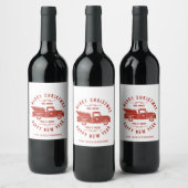 Rode vrachtwagen en boom vrolijk kerstfeest gelukk wijn etiket (Flessen)