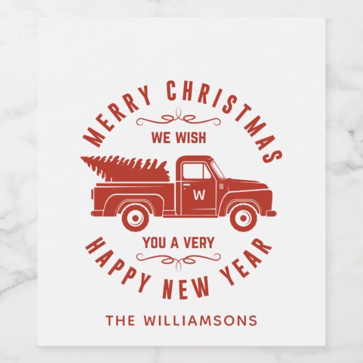 Rode vrachtwagen en boom vrolijk kerstfeest gelukk wijn etiket (Enkel label)