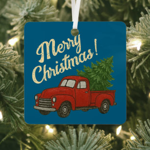 Rode vrachtwagen en kerstboom op maat metalen ornament