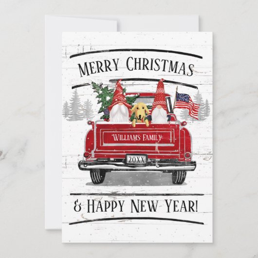 Rode Vrachtwagen Gnome Dog Patriottische Kerstmis Feestdagenkaart (Voorkant)