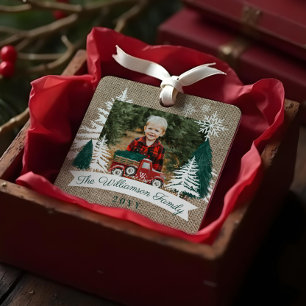 Rode Vrachtwagen Kerstboom Levering Burlap Foto Metalen Ornament