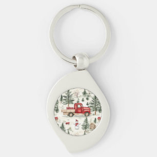 Rode vrachtwagen met cadeaus en sneeuwman sleutelhanger