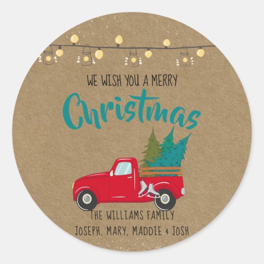  rode vrachtwagen met kerstbomen op Kraft Ronde Sticker (Voorkant)