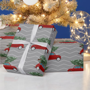  Rode Vrachtwagen met kerstboom Gray Chevron Cadeaupapier