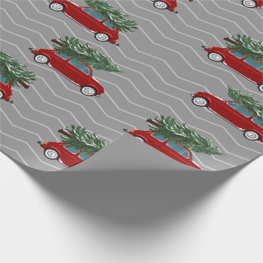 Rode Vrachtwagen met kerstboom Gray Chevron Cadeaupapier (Hoek)