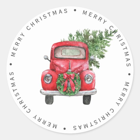  rode vrachtwagen met prettige kerstbomen ronde sticker (Voorkant)