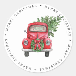  rode vrachtwagen met prettige kerstbomen ronde sticker