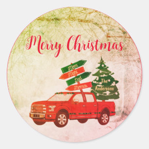 Rode Vrachtwagen Naam Merry Retro Vintage Kerstmis Ronde Sticker