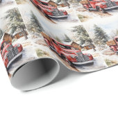  rode vrachtwagen sneeuwde kerstbomen cadeaupapier (Rol Hoek)