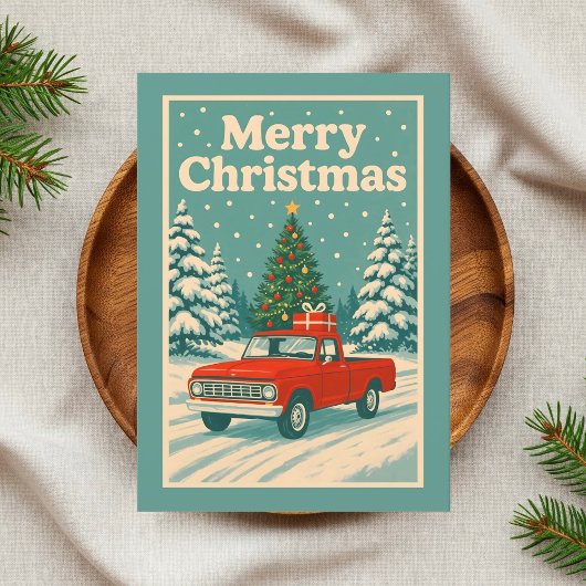 Rode Vrachtwagen Vintage Kerstmis Feestdagen Kaart