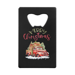 Rode vrachtwagen vrolijk kerstboom kerstman schatt kredietkaart flessenopener
