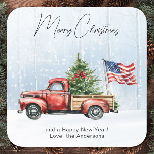  rode vrachtwagen VS Vlag Patriottische Kerst Vierkante Sticker