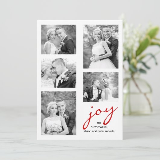 Rode vreugde jonggehuwden vijf foto collage Kerstm Feestdagenkaart (Staand voorkant)