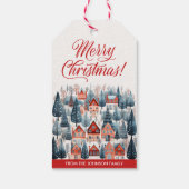 Rode vrolijke kerstvakantie in het winterdorp cadeaulabel (Achterkant)