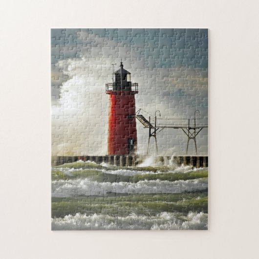 rode vuurtoren in storm legpuzzel (Verticaal)