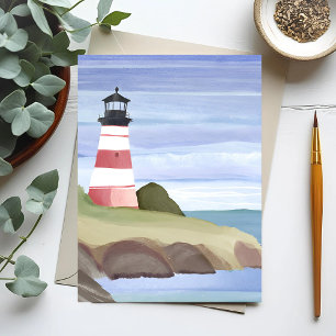 Rode Vuurtoren   Kust Oceaan Aquarel Schilderij Briefkaart