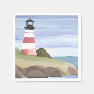 Rode Vuurtoren Kust Oceaan Aquarel Schilderij Servet