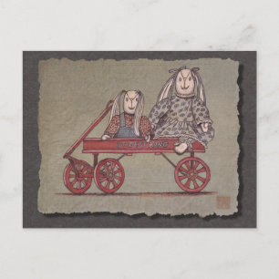 Rode wagon, konijn en dollen briefkaart