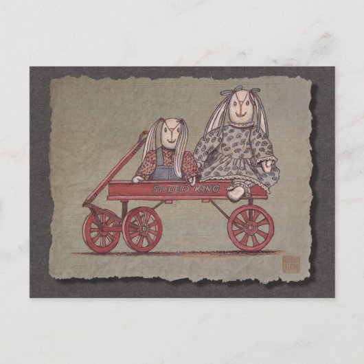Rode wagon, konijn en dollen briefkaart (Voorkant)