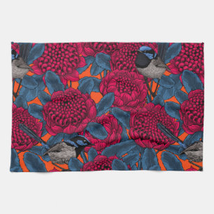 Rode waratah en feewinterkoninkjes theedoek