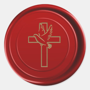 Rode waszegel enveloppe stempel kruis duif religie ronde sticker