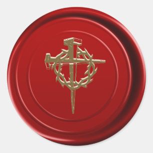 Rode waszegel gouden Jezus kruis religieus Ronde Sticker