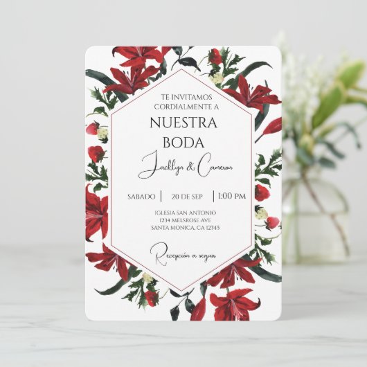 Rode waterkleur bloem Spaanse bruiloft uitnodiging (Staand voorkant)