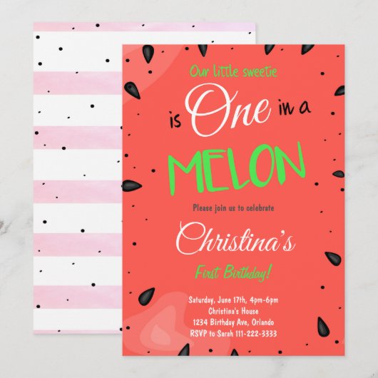 Rode Watermeloen 1e Verjaardag uitnodiging (Voorkant / Achterkant)