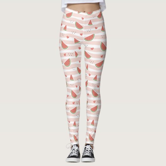 Rode watermeloenen, harten, strepen, zomerpatroon leggings (Voorkant)