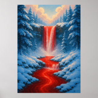Rode waterval in het winterse sneeuwlandschap poster