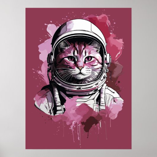 Rode Waterverf Astronaut Cat Poster (Voorkant)