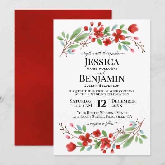 Rode Waterverf bloeit elegante boho chique bruilof Kaart (Voorkant / Achterkant)