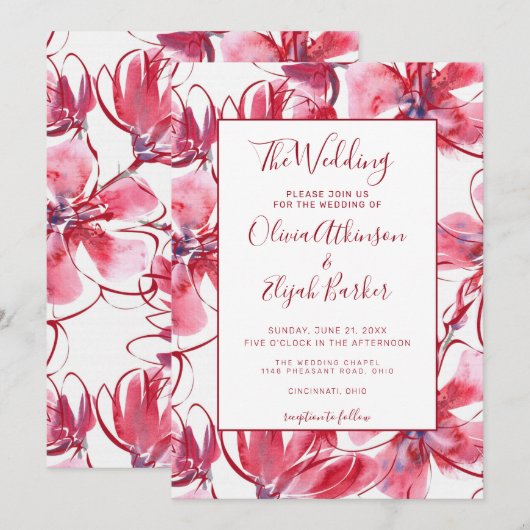Rode Waterverf Bloemen Bruiloft Kaart (Voorkant / Achterkant)